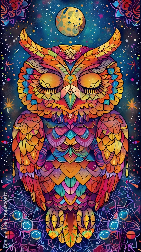 Fototapeta premium A colorful owl is sleeping under a full moon