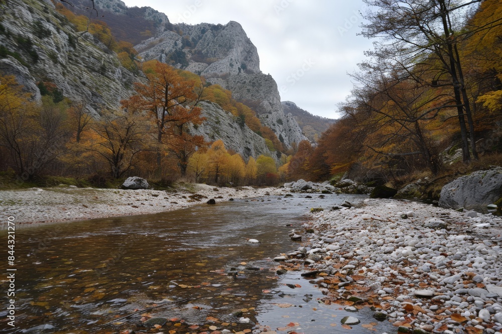 An autumnal river scene with a rocky riverbed and pebbles, surrounded by colorful trees and a dramatic mountain backdrop An autumnal river scene with a rocky riverbed and pebbles, surrounded by colorful trees and a dramatic mountain backdrop