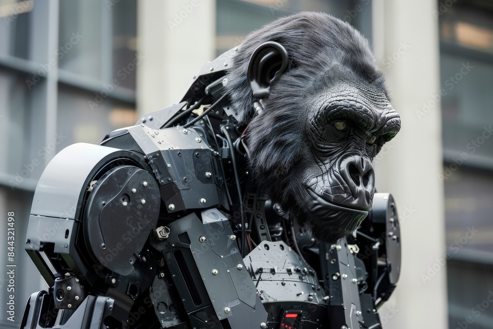 This image showcases a robot with a highly realistic ape-like head featuring complex mechanical structures This image showcases a robot with a highly realistic ape-like head featuring complex mechanical structures