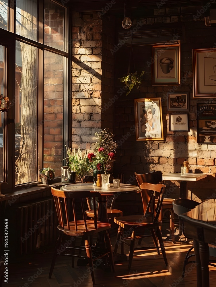 Cozy and Inviting Vintage Cafe Interior with Brick Walls and Warm Lighting
