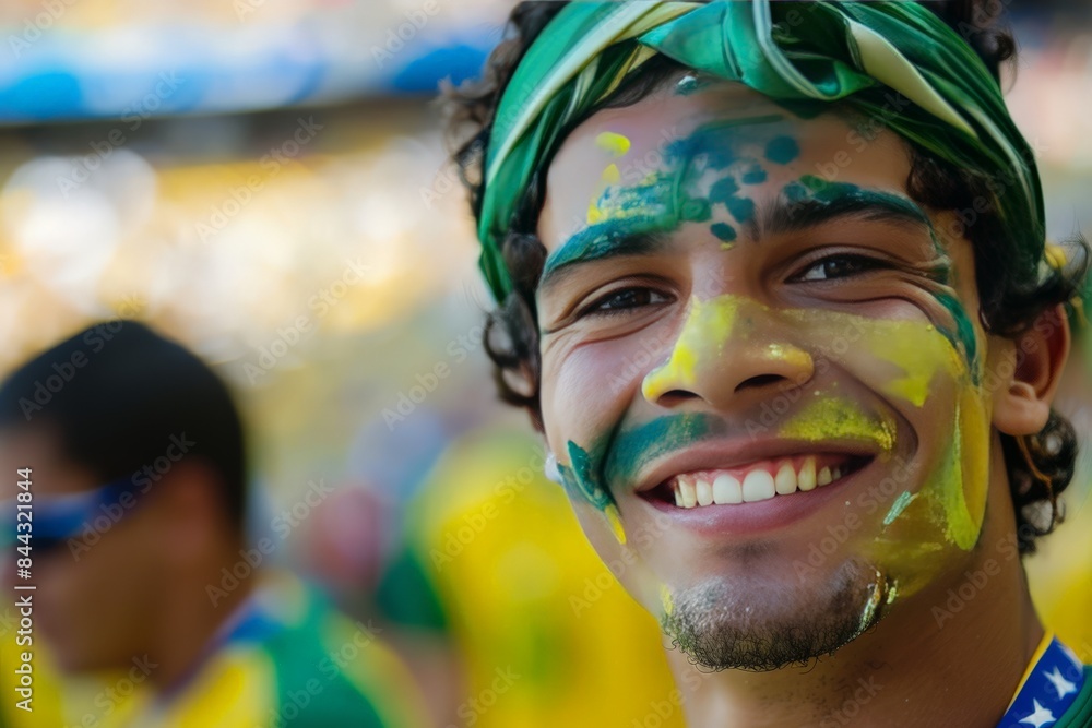 Young adult with face paint in Brazil national colors grinning at a sporting event Young adult with face paint in Brazil national colors grinning at a sporting event