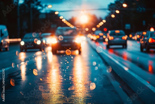 Evening traffic on wet urban road with glowing headlights and reflections during rainfall