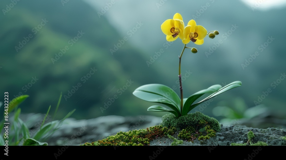 Fototapeta premium yellow phalaenopsis A long, spherical stem stands tall on a concave moss-covered rock. The green leaves were clear and delicate, bright, and the green mountain background was faintly visible.