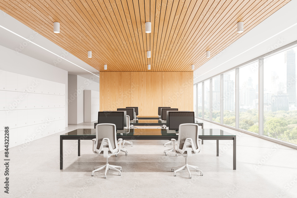 Fototapeta premium Modern minimalist office with wooden ceiling, large windows, and white furniture, bright background, concept of contemporary workspaces. 3D Rendering