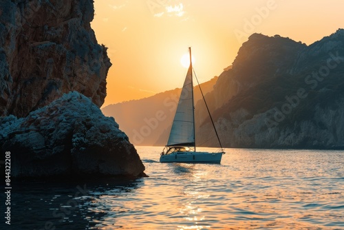A sailboat calmly navigates waters near rocky cliffs under the warm glow of the sunset