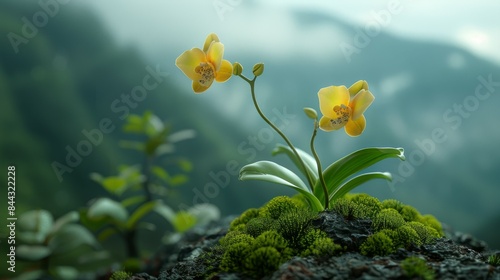 yellow phalaenopsis A long, spherical stem stands tall on a concave moss-covered rock. The green leaves were clear and delicate, bright, and the green mountain background was faintly visible.