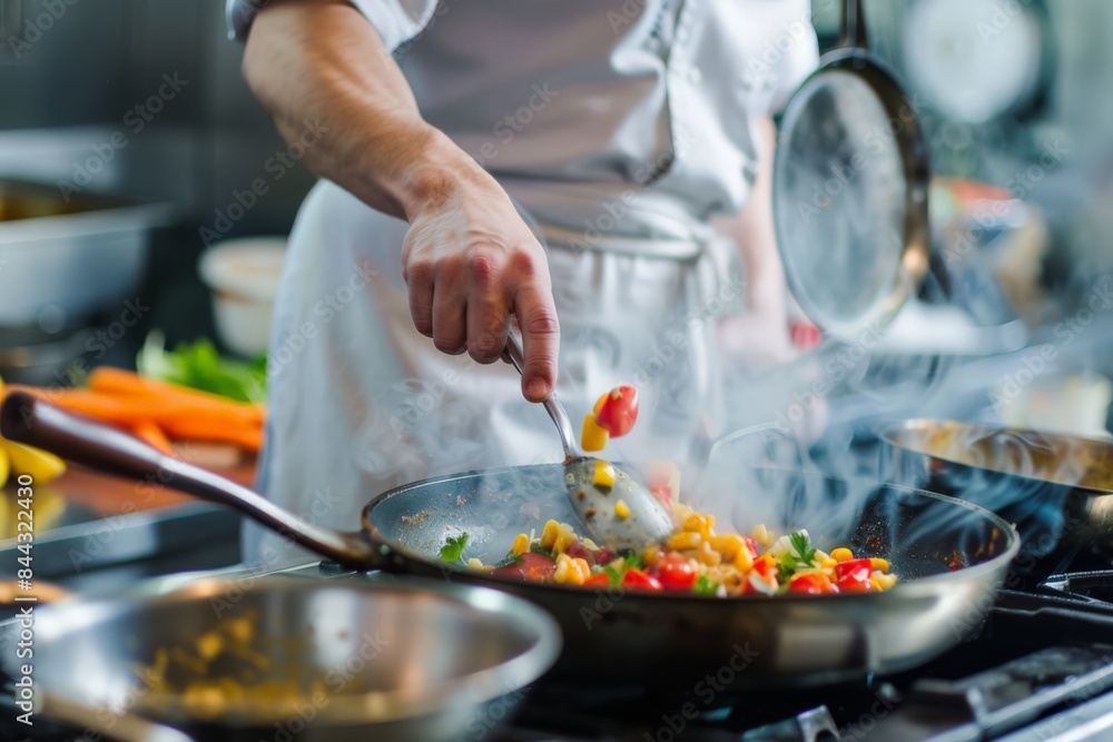 Action shot of a chef stirring a colorful stir-fry in a skillet with steam rising up in a professional kitchen Action shot of a chef stirring a colorful stir-fry in a skillet with steam rising up in a professional kitchen