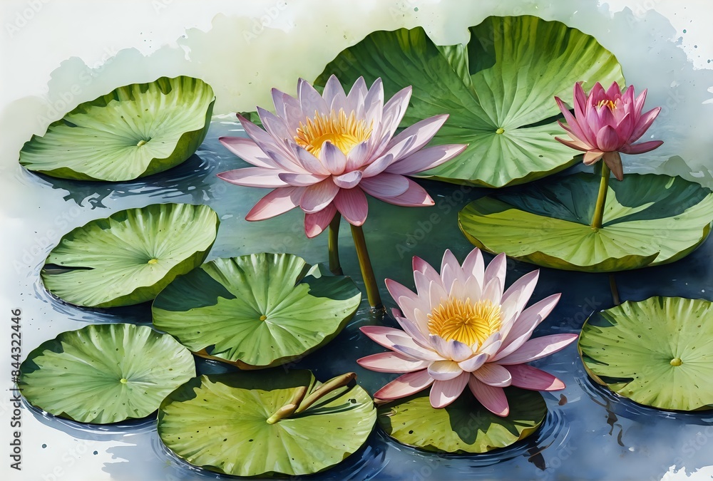 Water Lily Pond Artwork with Pink and Yellow Blossoms Water Lily Pond Artwork with Pink and Yellow Blossoms