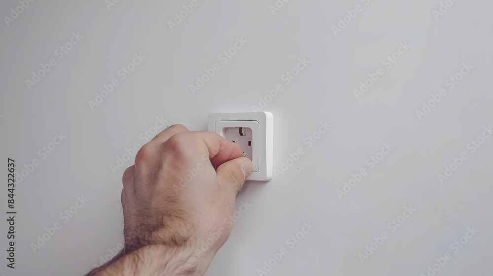 Hand Plugging in New Socket Cover During Home Maintenance Repair Task on White Background Hand Plugging in New Socket Cover During Home Maintenance Repair Task on White Background