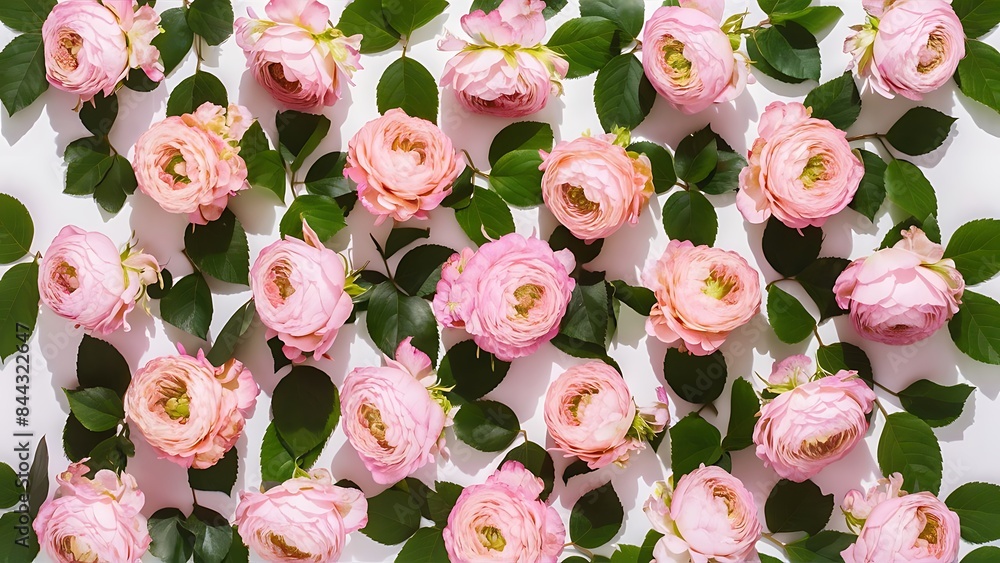 Floral pattern made of pink roses green leaves on white background flat lay top view floral pattern pattern of flowers flowers texture Floral pattern made of pink roses green leaves on white background flat lay top view floral pattern pattern of flowers flowers texture