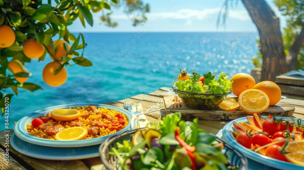 A Mediterranean terrace offers paella, salads, and citrus, framed by the azure sea and golden sunset. A Mediterranean terrace offers paella, salads, and citrus, framed by the azure sea and golden sunset.
