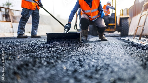 Crew Paving Road with Asphalt Using Specialized Tools on White Background