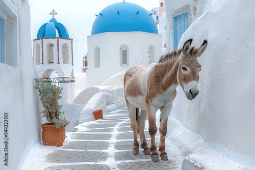 Fototapeta Naklejka Na Ścianę i Meble -  portrait of a donkey in the streets of santorini greece