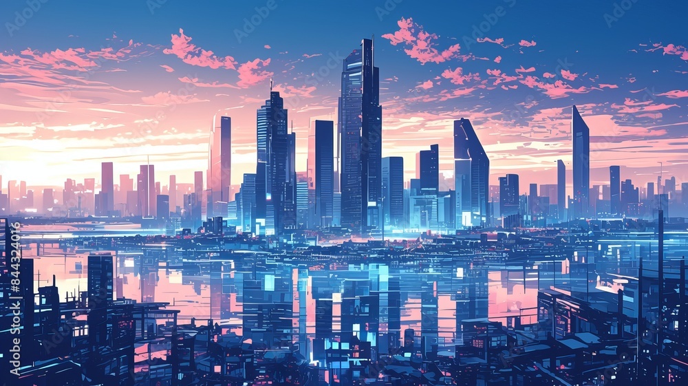 Fototapeta premium Futuristic city skyline showcasing towering skyscrapers with a stunning sunset and reflective water surfaces, blending technology with nature.