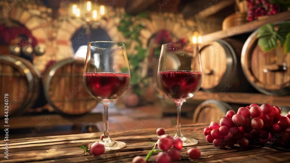 Two wine glasses with red wine on a wooden table in a vintage winery interior Two wine glasses with red wine on a wooden table in a vintage winery interior