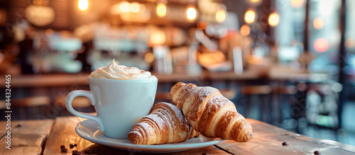 croissant served with latte on a blurred cafe coffee shop background