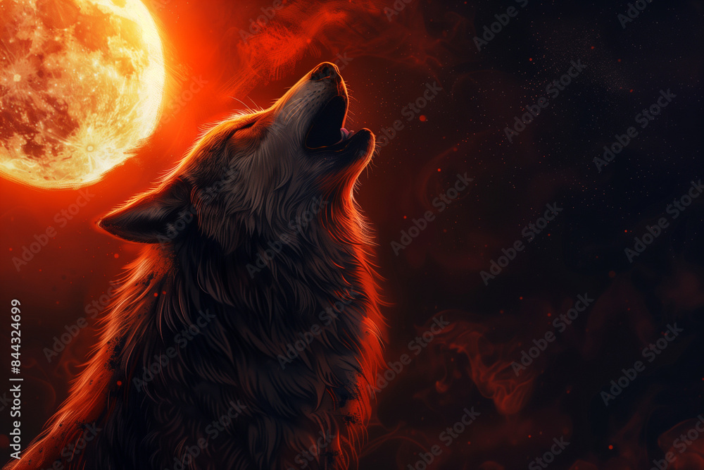Fototapeta premium Lone Wolf Howling at the red Moon, Wallpaper Background with Majestic Wildlife (generative AI)