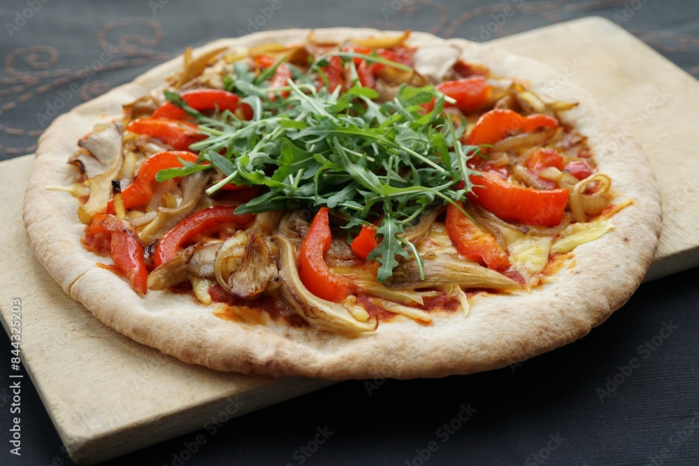 pizza, topped with vegetables, chicken and peppers pizza, topped with vegetables, chicken and peppers