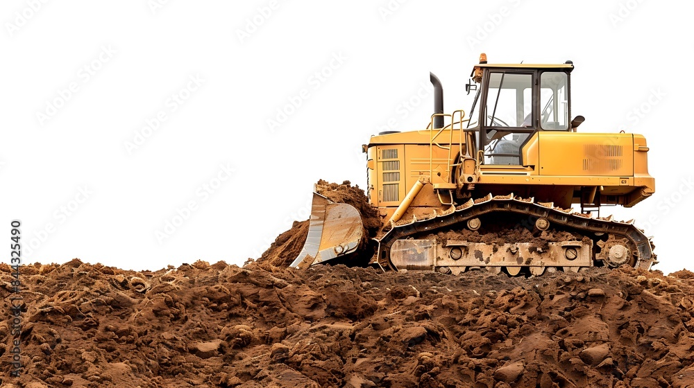 Yellow Bulldozer Clearing Soil at Construction Site with Mountain Backdrop Yellow Bulldozer Clearing Soil at Construction Site with Mountain Backdrop