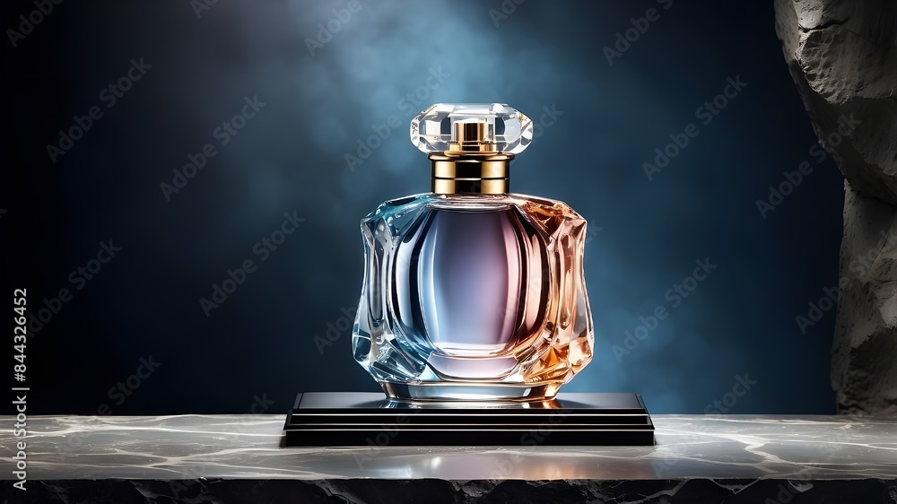 Create an elegant wide banner illustrating a luxury glass or crystal perfume bottle positioned on a stone platform display background, enhanced by dramatic studio lighting. Incorporate generous copy s Create an elegant wide banner illustrating a luxury glass or crystal perfume bottle positioned on a stone platform display background, enhanced by dramatic studio lighting. Incorporate generous copy s