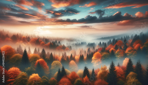 Autumn Forest with Colorful Foliage and Misty Sky