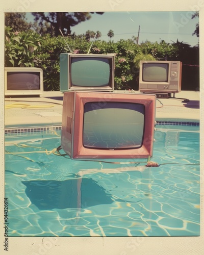 televisions surrounding a swimming pool, 1985 retro photo of televisions near a swimming pool, 80's party, vintage polaroid photo