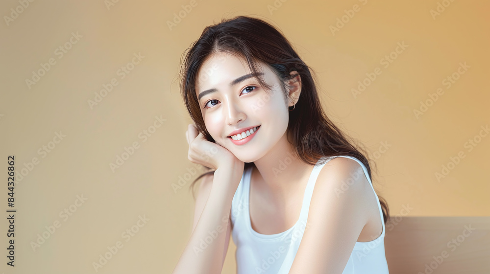 Asian female model posing in front of a uniform pastel pink background Asian female model posing in front of a uniform pastel pink background
