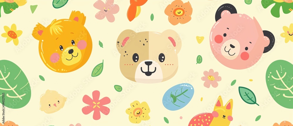 A cartoonish scene of three bears and various animals, including a bird, a cat A cartoonish scene of three bears and various animals, including a bird, a cat