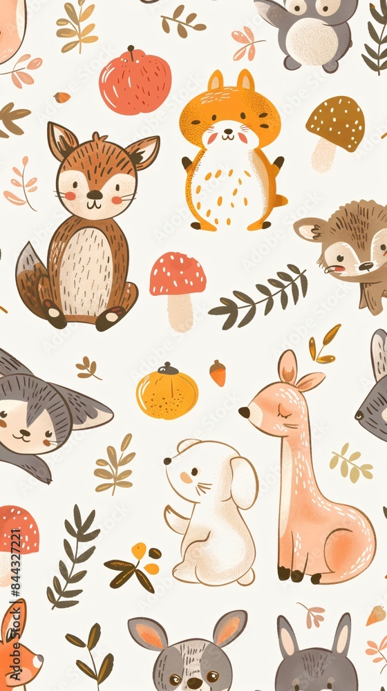 A colorful drawing of various animals, including rabbits, deer, and foxes A colorful drawing of various animals, including rabbits, deer, and foxes