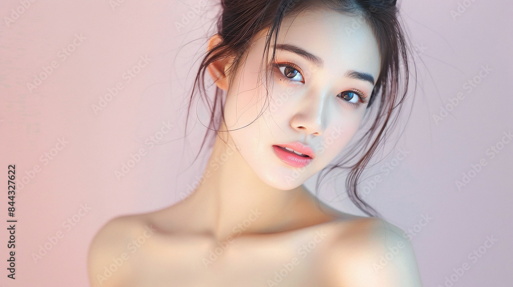 Fototapeta premium Asian female model posing in front of a uniform pastel pink background