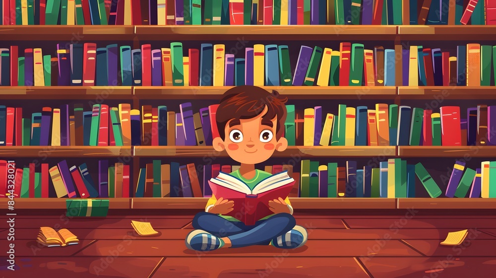 happy kids reading book on library vector illustration happy kids reading book on library vector illustration
