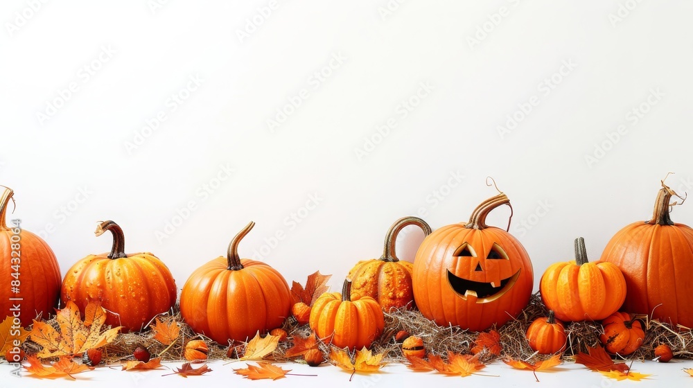 Halloween Themed Pumpkin Arrangement With Autumn Leaves On Hay Halloween Themed Pumpkin Arrangement With Autumn Leaves On Hay