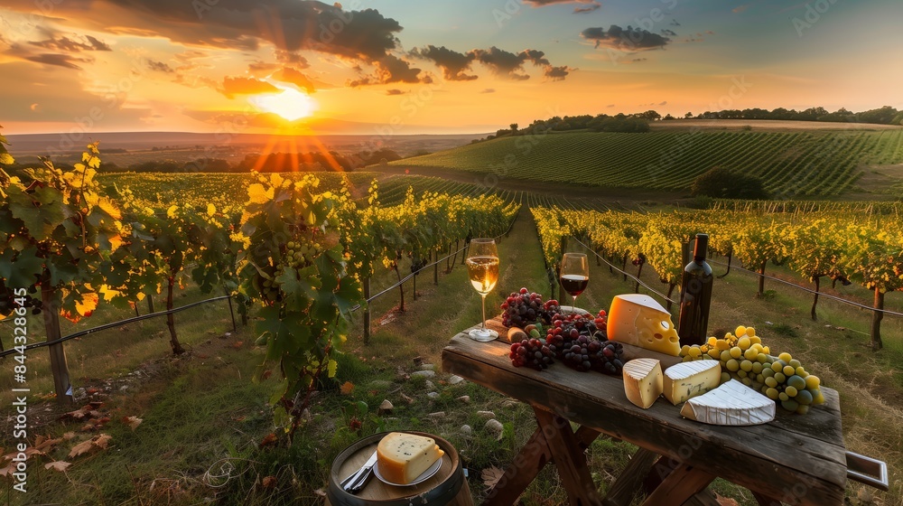 Fototapeta premium A picturesque vineyard at sunset with rows of grapevines, a rustic table, local wines, cheeses, and fresh fruits.