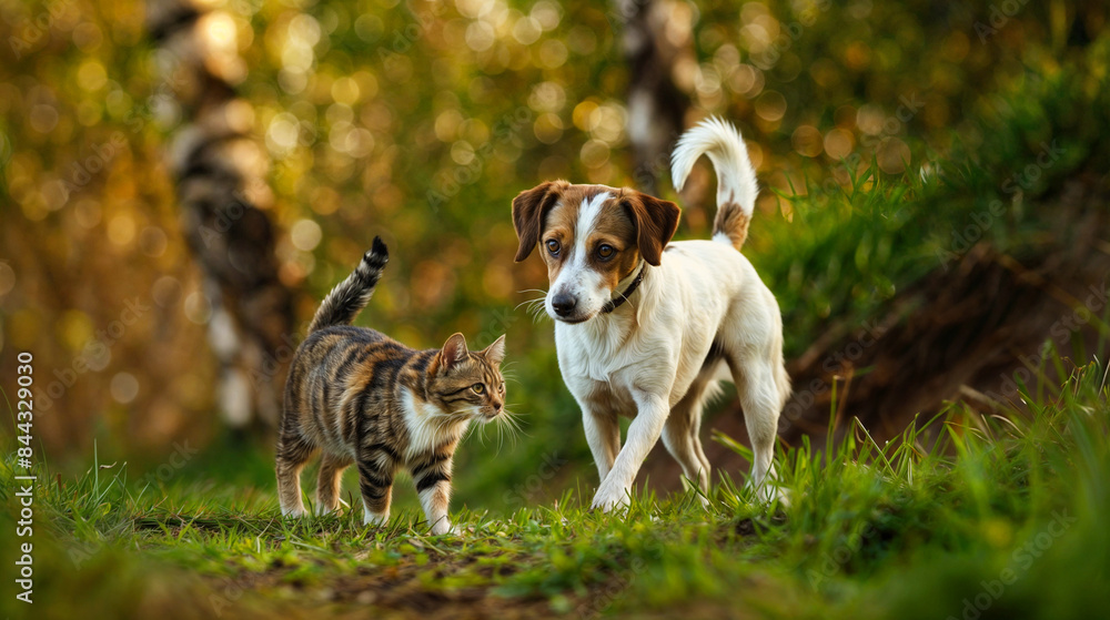 Obraz premium A jack russell terrier dog and a cat walking together through a forest
