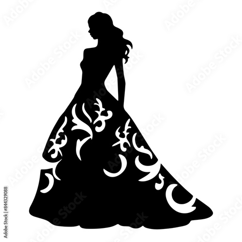 A silhouette of a woman wearing an elegant, flowing dress with intricate patterns