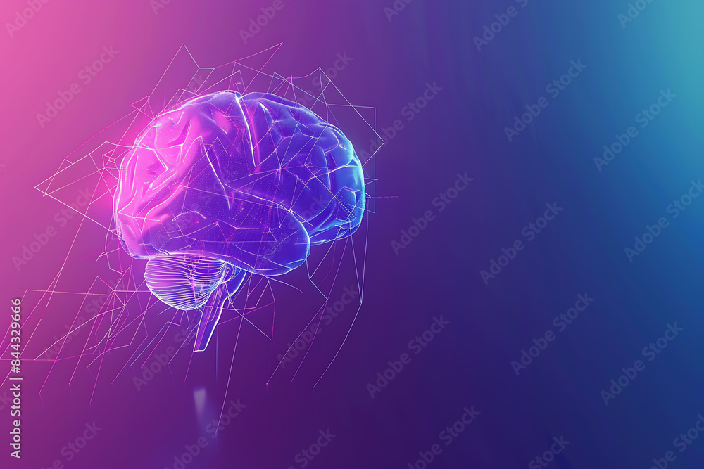 A transparent brain on a purple-blue background with abstract lines, representing intelligence, creativity, and modern technology A transparent brain on a purple-blue background with abstract lines, representing intelligence, creativity, and modern technology