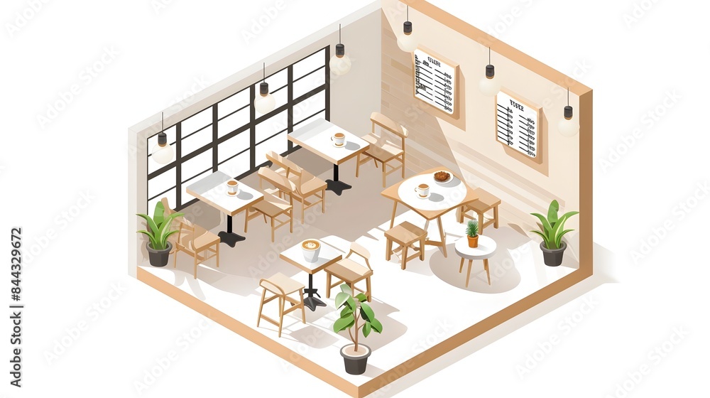 Charming Isometric Design of a Cozy Miniature Caf with Coffee Cups and Furniture on White Background Charming Isometric Design of a Cozy Miniature Caf with Coffee Cups and Furniture on White Background