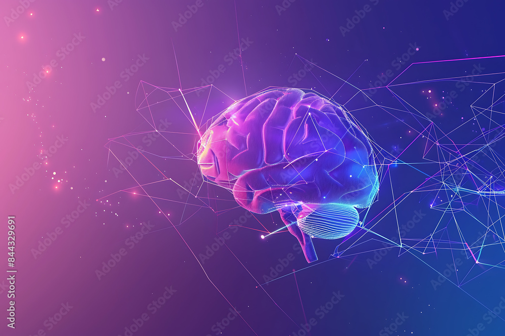 A transparent brain on a purple-blue background with abstract lines, representing intelligence, creativity, and modern technology A transparent brain on a purple-blue background with abstract lines, representing intelligence, creativity, and modern technology