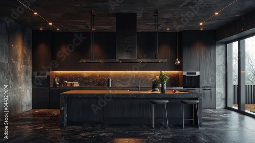 Wallpaper Mural Dark kitchens are adorned with elegant dark cabinets that exude sophistication and style. The floor has a light colored floor which contrasts with the dark shades which brighten the space. add modern Torontodigital.ca