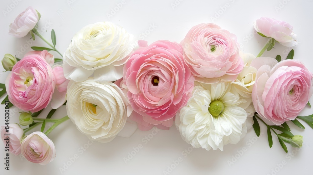 Fototapeta premium A flat lay of pink and white ranunculus flowers and daisies, artistically arranged on a white background, showcasing an elegant floral composition.