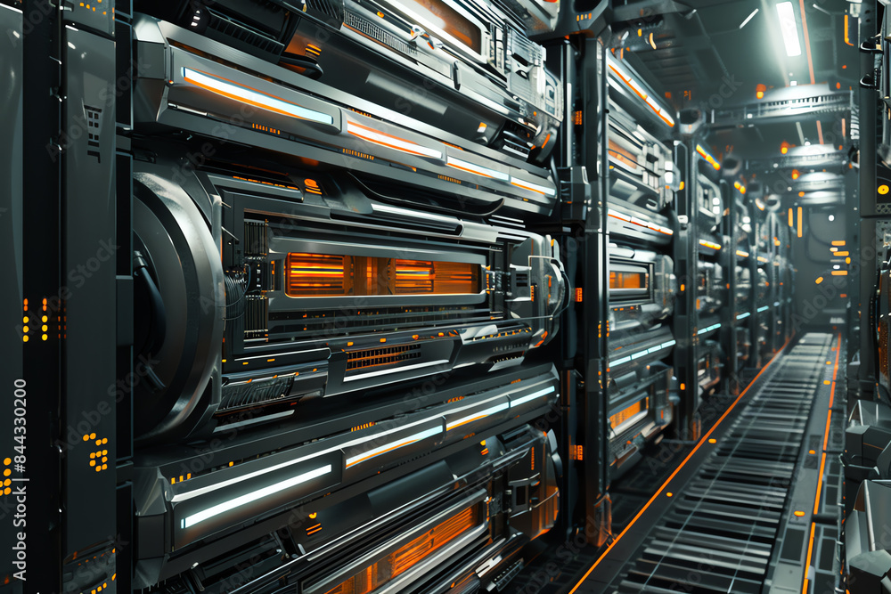 A futuristic scalable storage system with expanding digital layers, side view, emphasizing flexibility and capacity, advanced tone, Complementary Color Scheme. A futuristic scalable storage system with expanding digital layers, side view, emphasizing flexibility and capacity, advanced tone, Complementary Color Scheme.