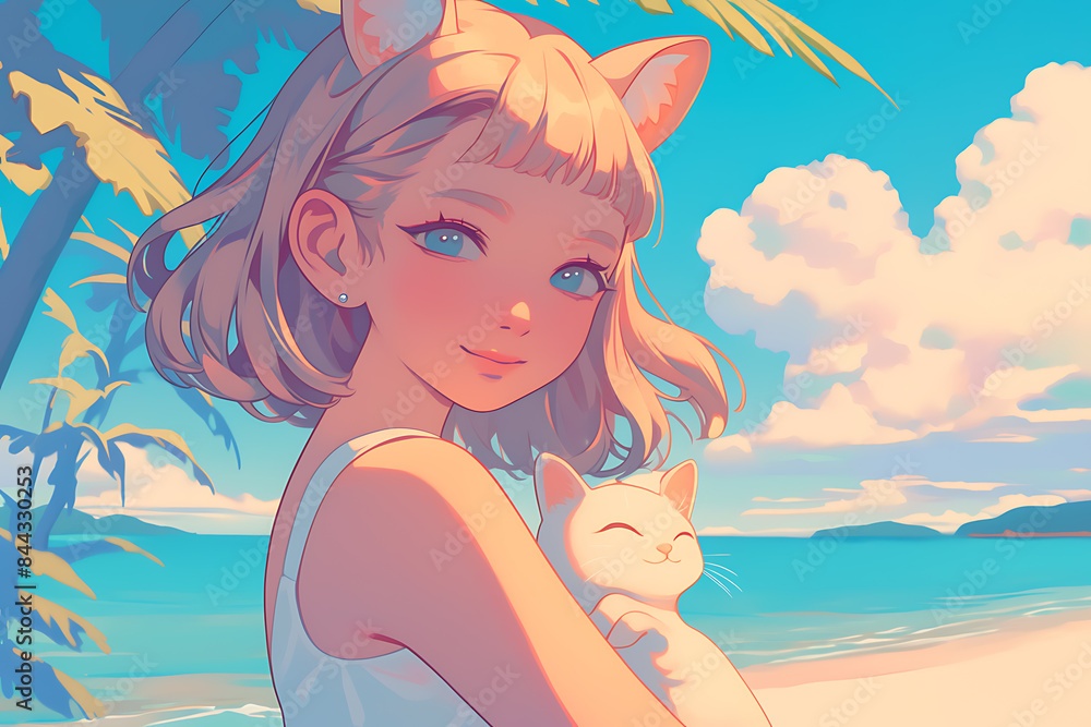 A kawaii girl holding a cat in her arms, looking forward with joy on her face, captured from a side view, with a background of a tree or the ocean A kawaii girl holding a cat in her arms, looking forward with joy on her face, captured from a side view, with a background of a tree or the ocean