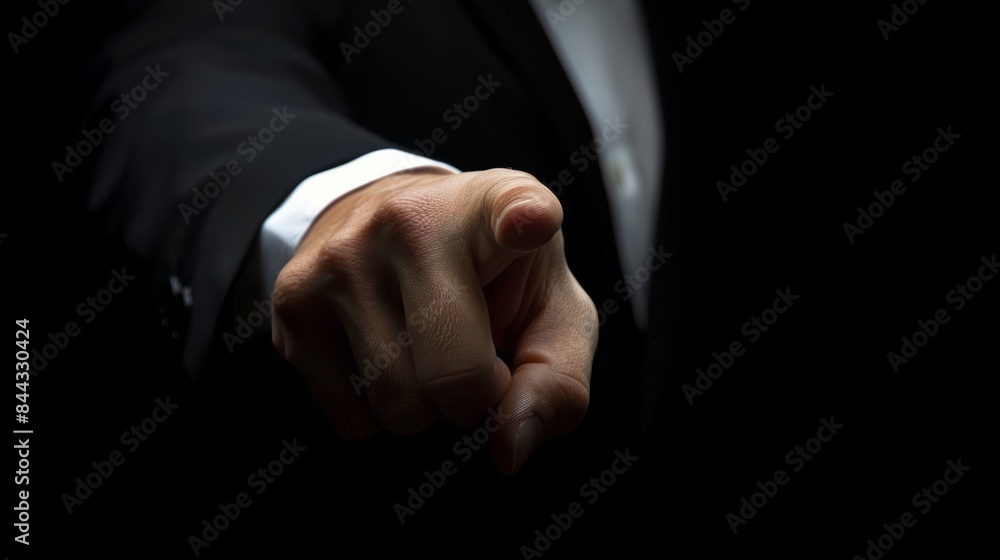 Fototapeta premium Close-up of a man in a black suit pointing his finger forward in a dramatic, low-light setting. Emphasis on authority and command concept.