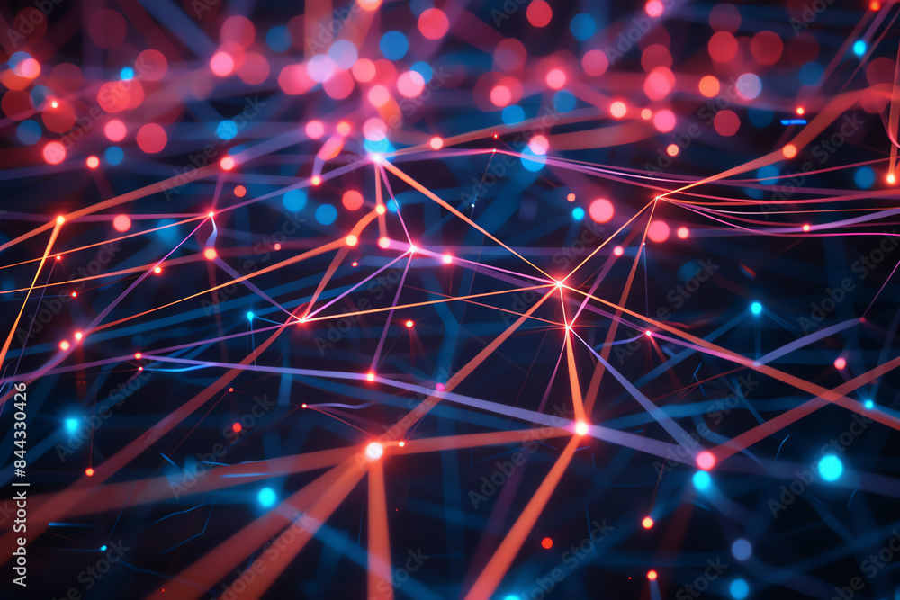 An abstract representation of data synchronization with glowing lines connecting various nodes, top view, emphasizing digital harmony, advanced tone, Triadic Color Scheme. An abstract representation of data synchronization with glowing lines connecting various nodes, top view, emphasizing digital harmony, advanced tone, Triadic Color Scheme.