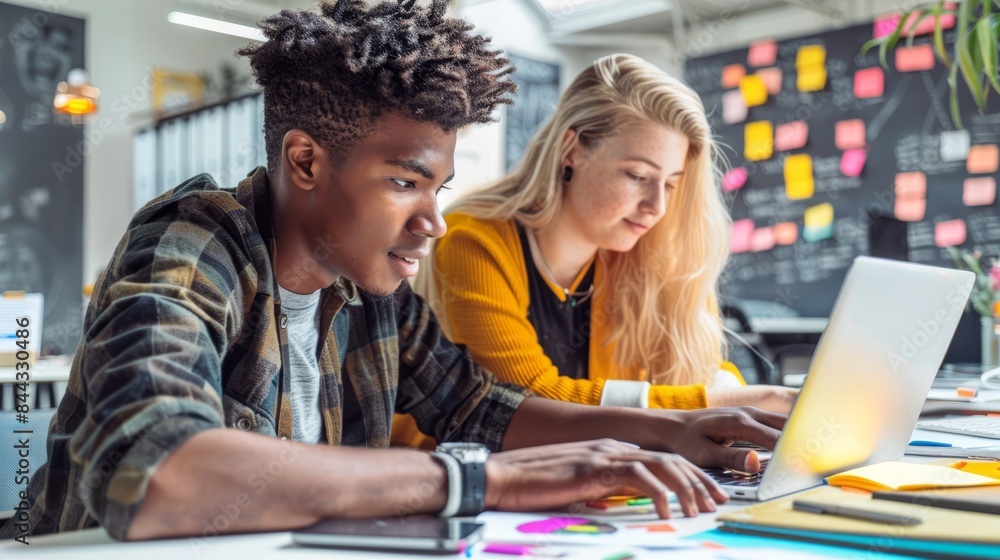 A diverse young team working collaboratively on laptops in a modern office. Creative workspace filled with sticky notes and vibrant energy. A diverse young team working collaboratively on laptops in a modern office. Creative workspace filled with sticky notes and vibrant energy.