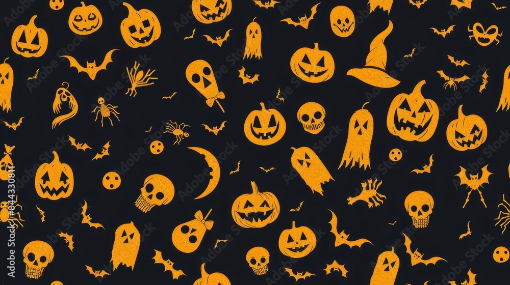 Halloween seamless pattern with pumpkins, bats, ghosts, and skulls on a black background, creating a festive, spooky design. Halloween seamless pattern with pumpkins, bats, ghosts, and skulls on a black background, creating a festive, spooky design.
