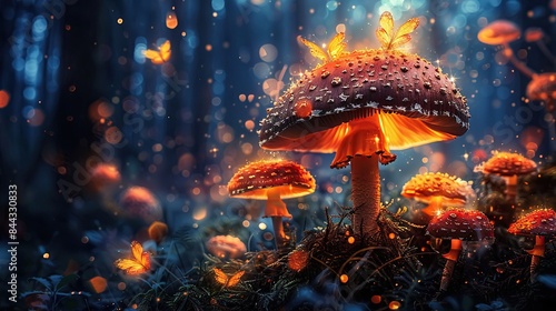 An enchanted forest with glowing mushrooms and fairies flying creating a magical atmosphere