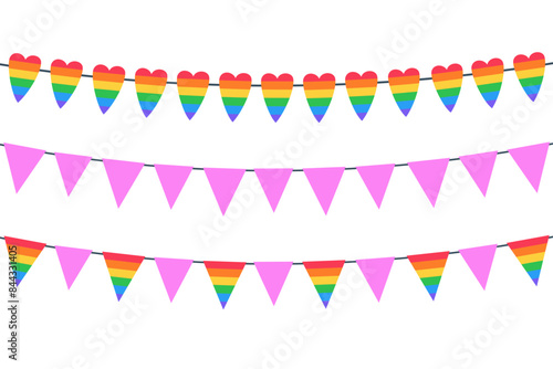 Set of rainbow bunting flags isolated on white background. Concept of LGBT celebration, pride month.