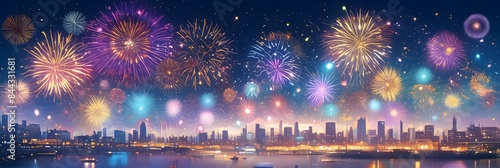 Japanese Summer Festival Fireworks Anime Style Poster Wallpaper photo