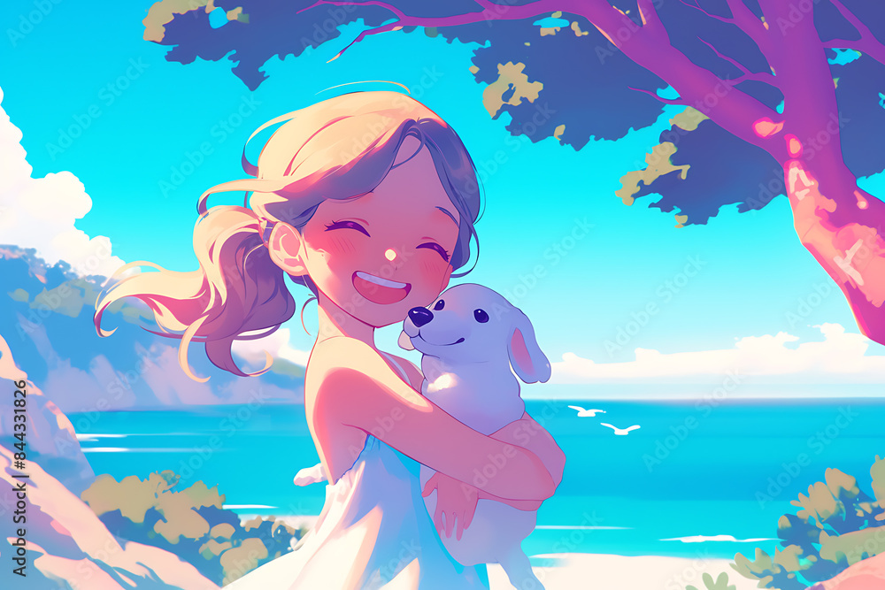 A kawaii girl holding a dog in her arms, looking forward with joy on her face, captured from a side view, with a background of a tree or the ocean A kawaii girl holding a dog in her arms, looking forward with joy on her face, captured from a side view, with a background of a tree or the ocean